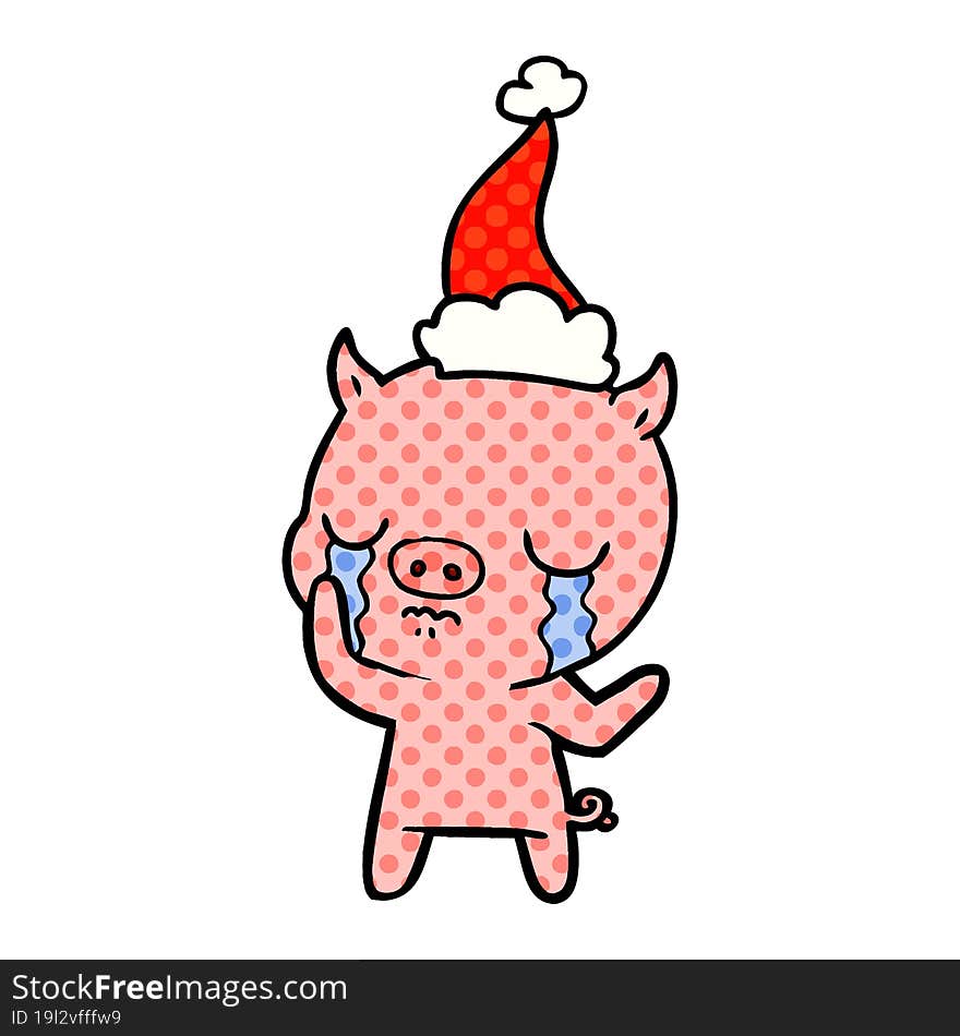 comic book style illustration of a pig crying wearing santa hat