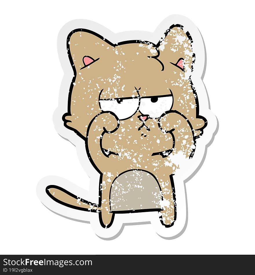 Distressed Sticker Of A Tired Cartoon Cat Rubbing Eyes