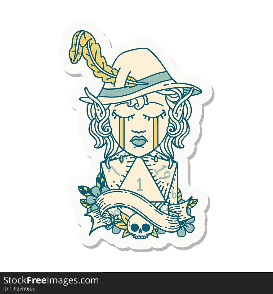 crying elf bard character face with natural one d20 dice roll sticker