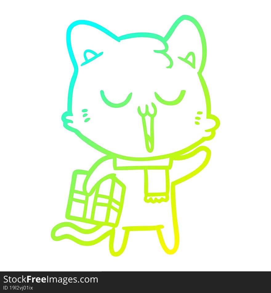 Cold Gradient Line Drawing Cartoon Cat With Gift