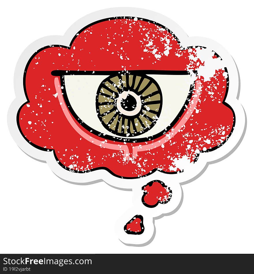 cartoon eye symbol with thought bubble as a distressed worn sticker