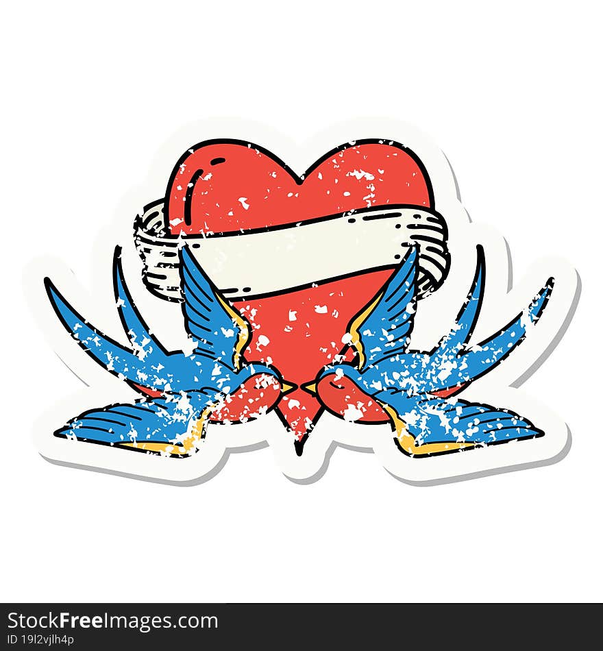 distressed sticker tattoo in traditional style of swallows and a heart with banner. distressed sticker tattoo in traditional style of swallows and a heart with banner