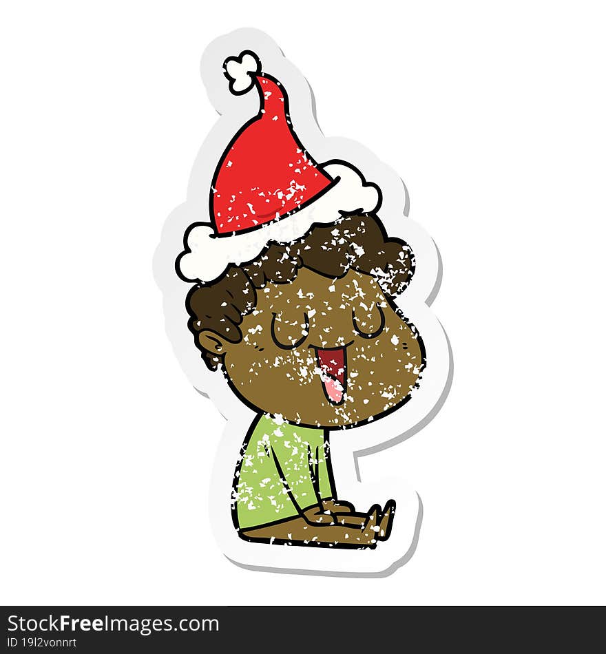 laughing hand drawn distressed sticker cartoon of a man wearing santa hat. laughing hand drawn distressed sticker cartoon of a man wearing santa hat