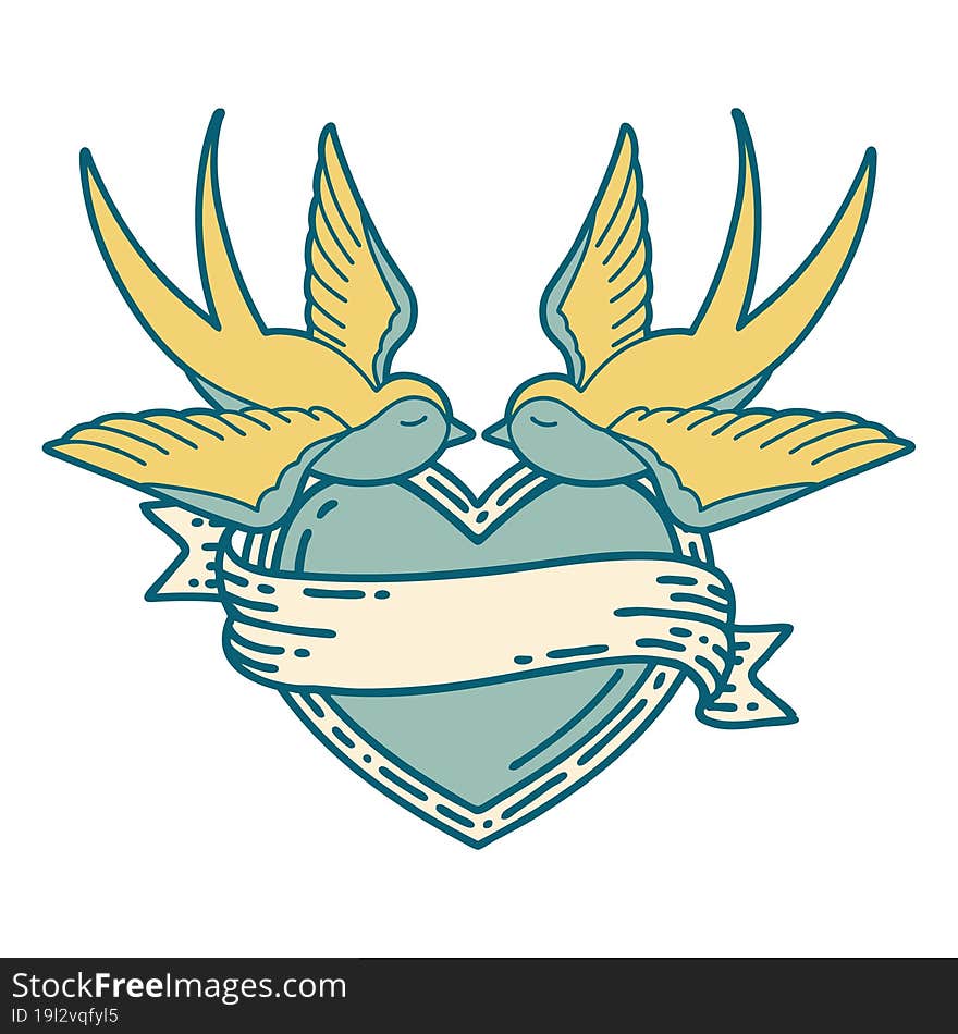 Tattoo Style Icon Of A Swallows And A Heart With Banner