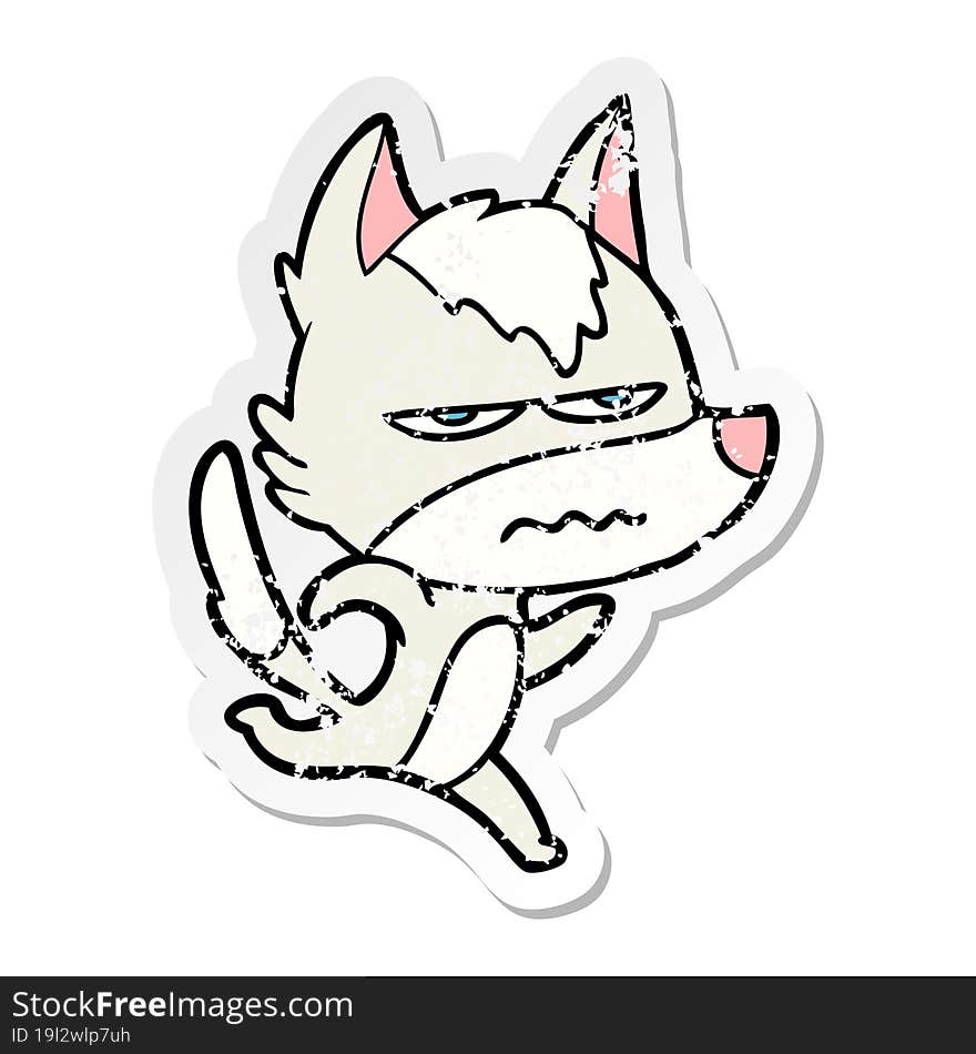 distressed sticker of a cartoon annoyed wolf