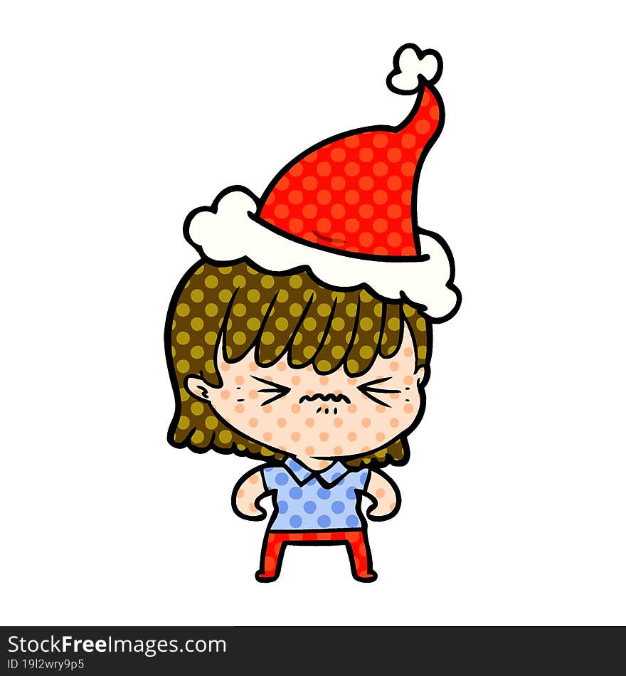 annoyed comic book style illustration of a girl wearing santa hat