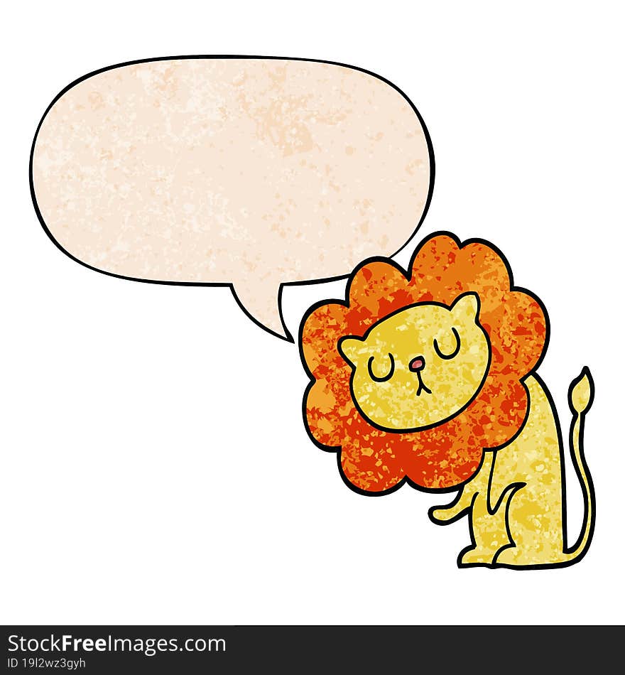 cute cartoon lion and speech bubble in retro texture style