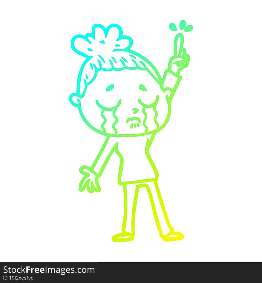 cold gradient line drawing cartoon crying woman raising hand