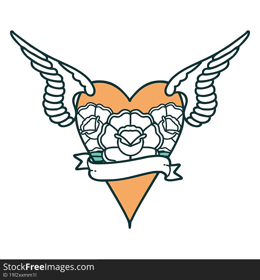 Tattoo Style Icon Of A Flying Heart With Flowers And Banner