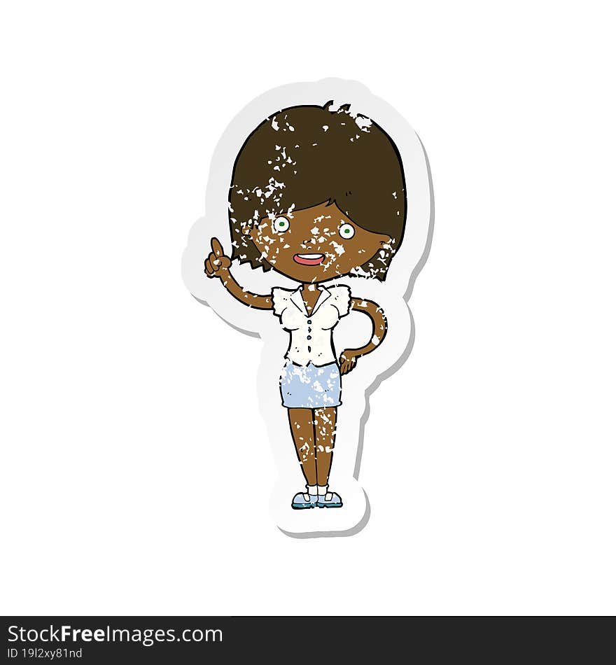 Retro Distressed Sticker Of A Cartoon Woman With Idea