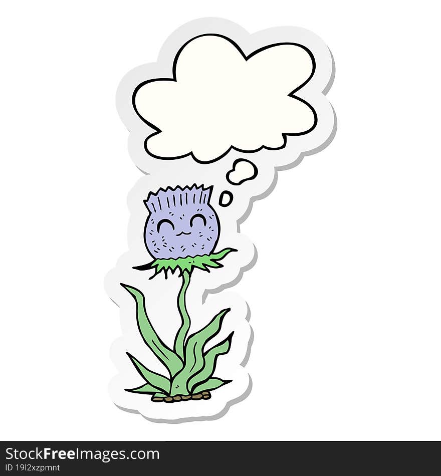 cartoon thistle with thought bubble as a printed sticker