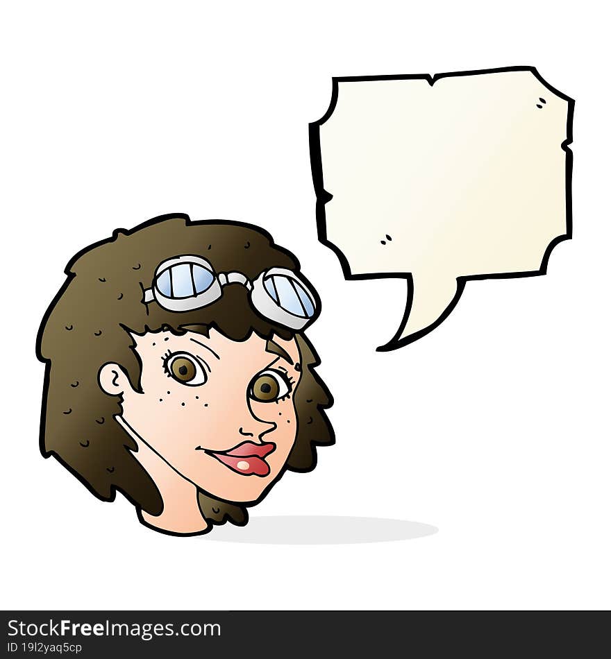 cartoon happy woman wearing aviator goggles with speech bubble