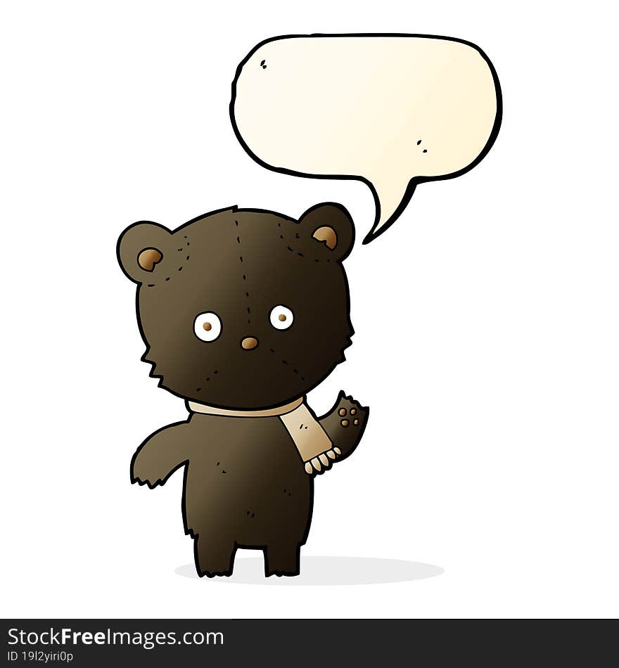 cartoon waving black bear with speech bubble