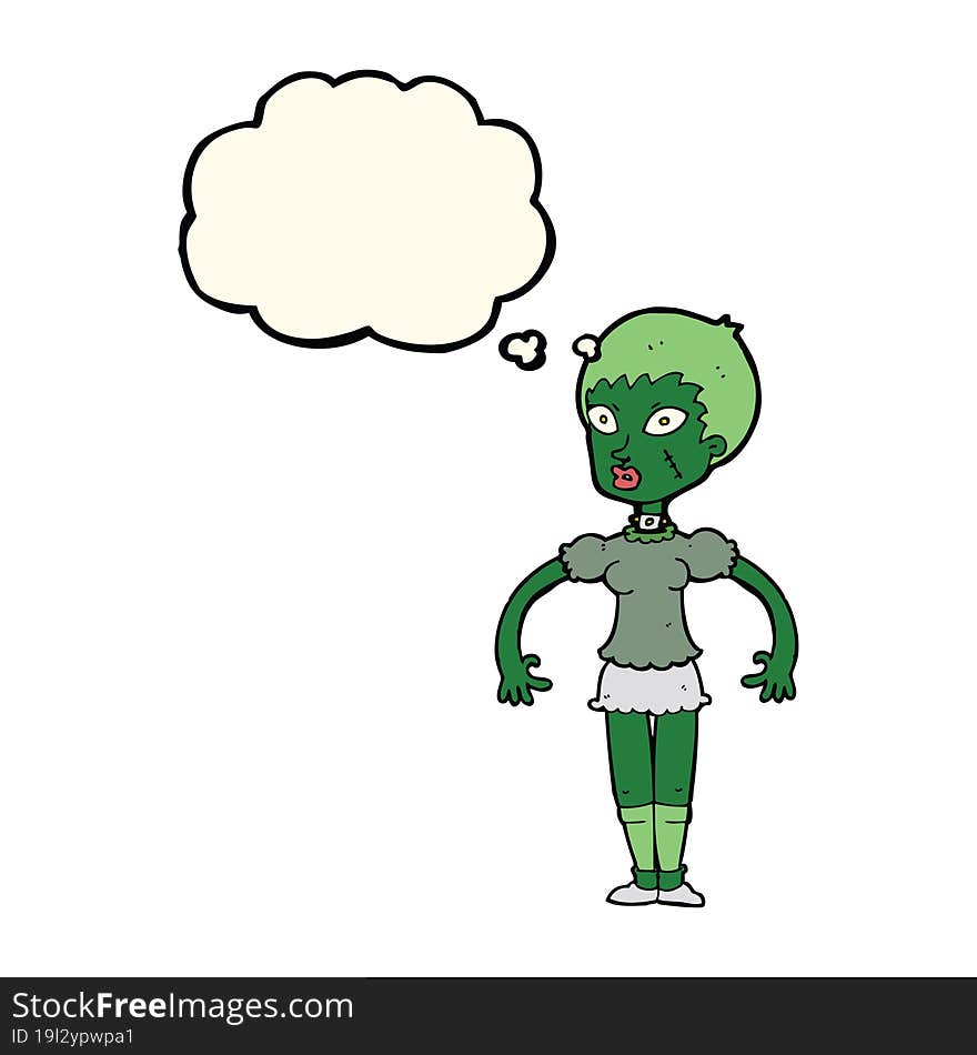 cartoon zombie monster woman with thought bubble