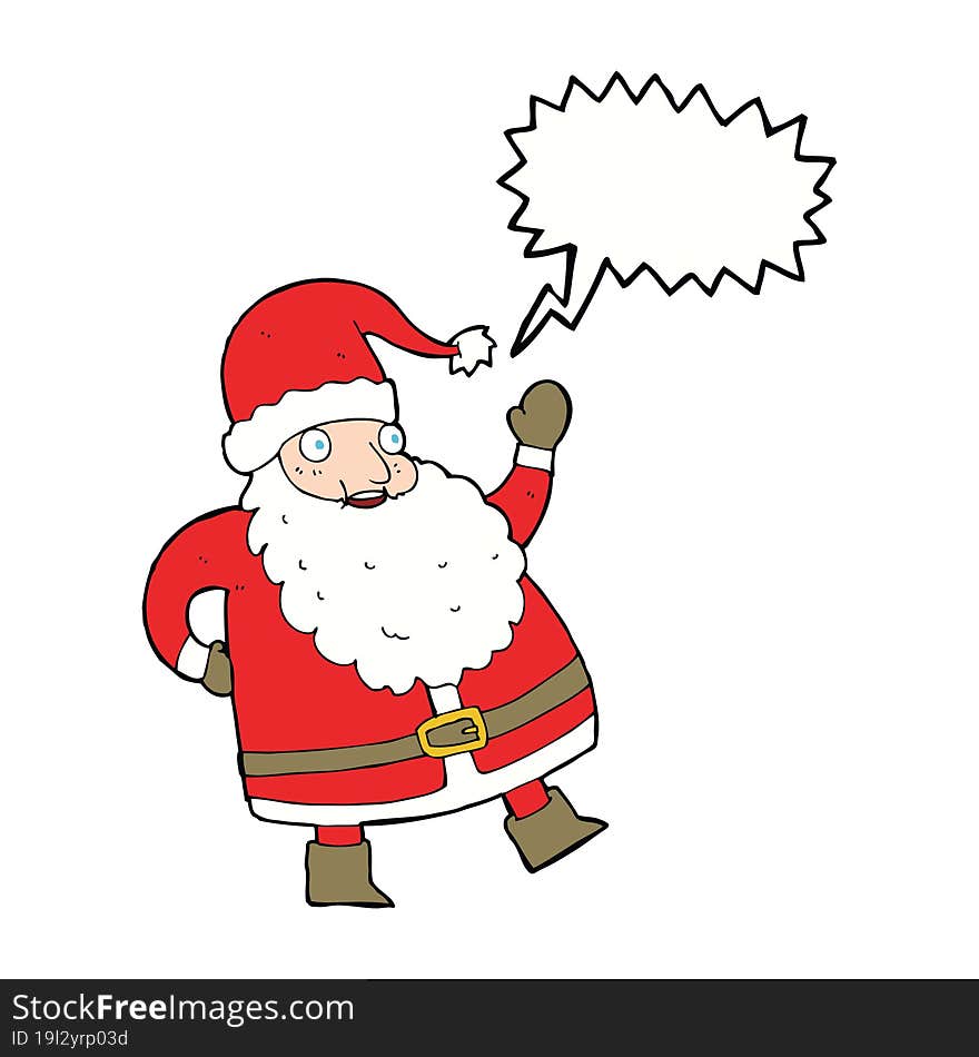 funny waving santa claus cartoon with speech bubble