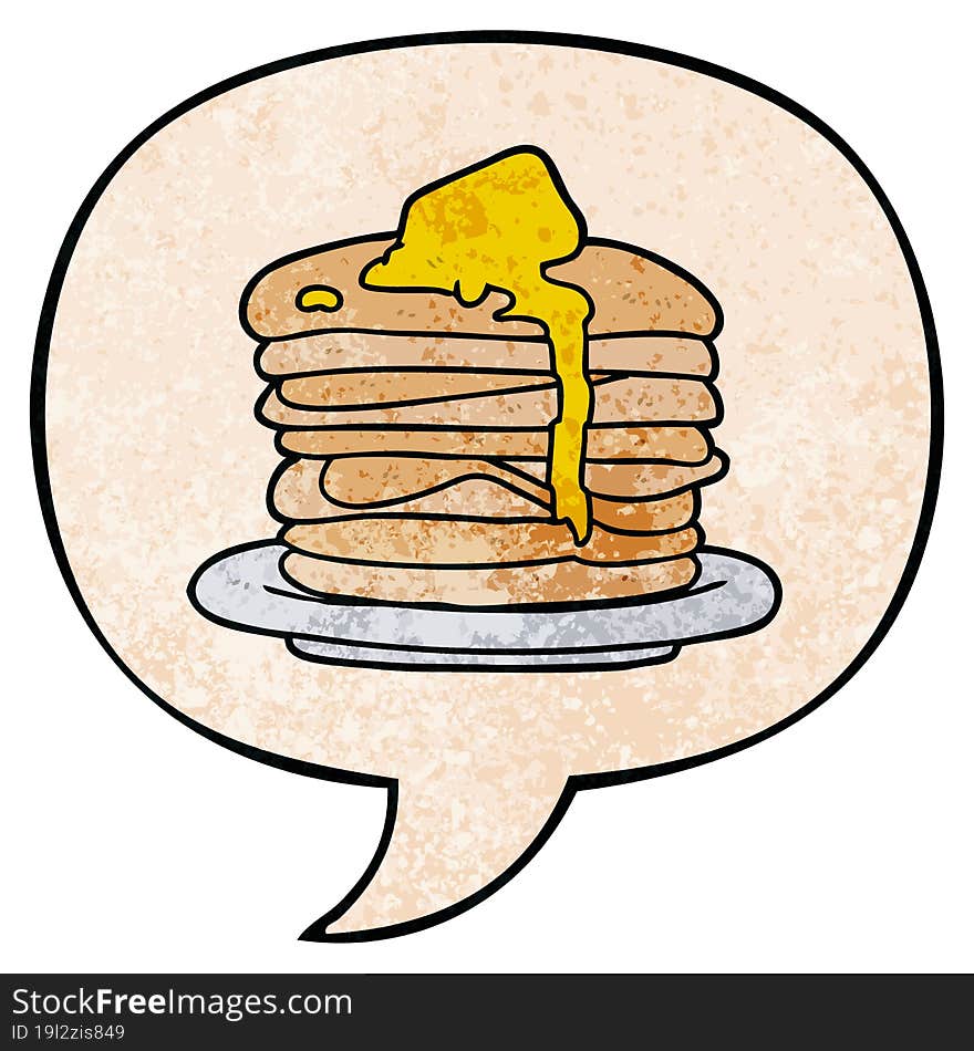 Cartoon Stack Of Pancakes And Speech Bubble In Retro Texture Style