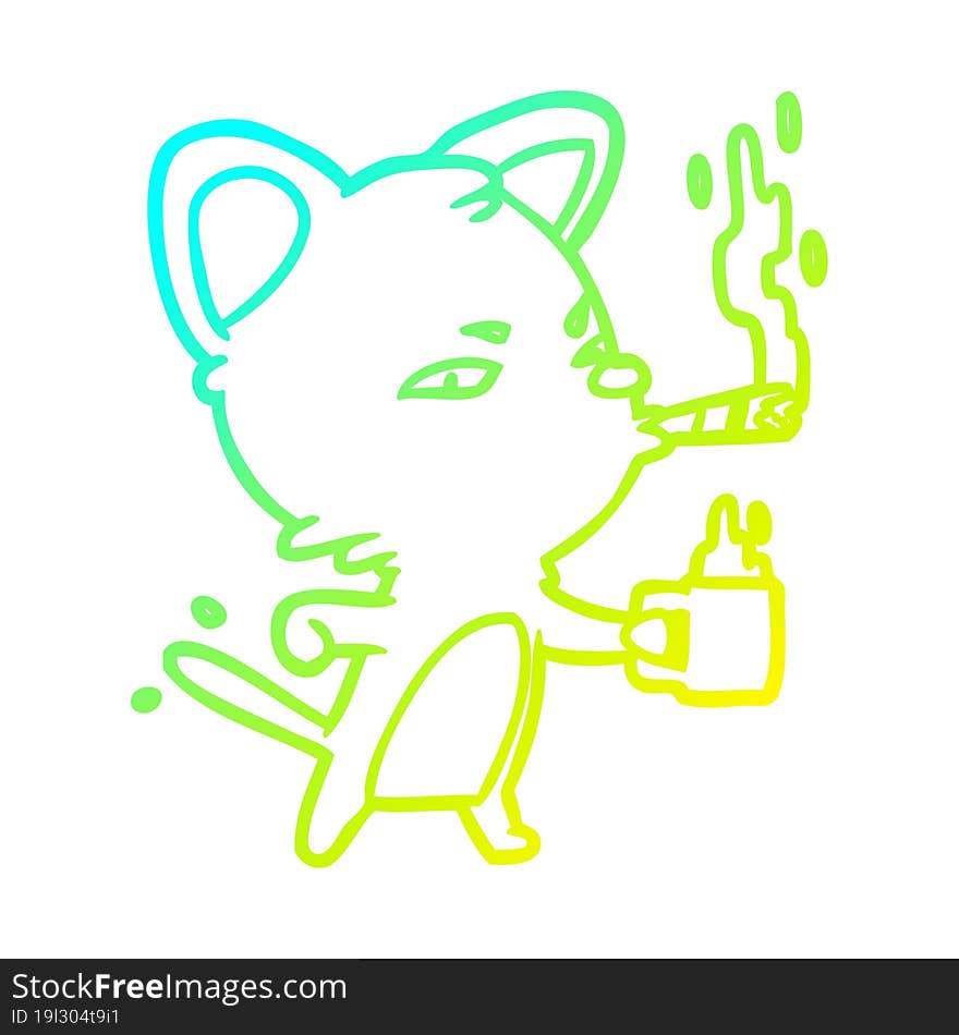 cold gradient line drawing serious business cat with coffee and cigar