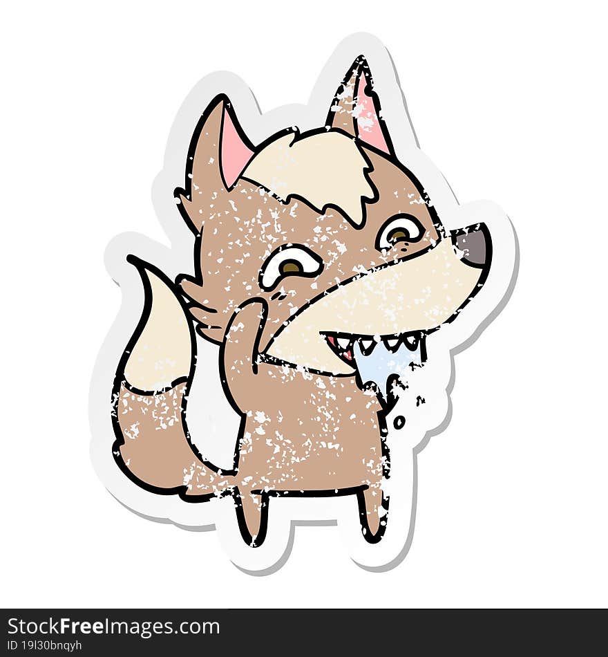 distressed sticker of a cartoon hungry wolf