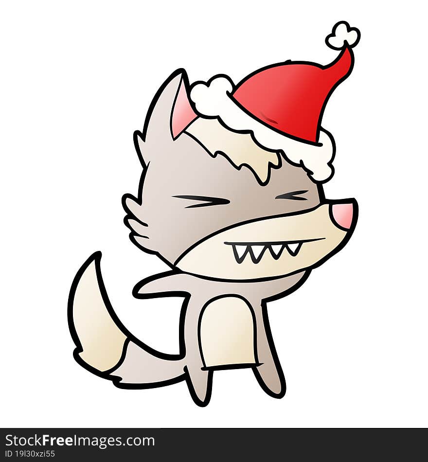 angry wolf hand drawn gradient cartoon of a wearing santa hat. angry wolf hand drawn gradient cartoon of a wearing santa hat