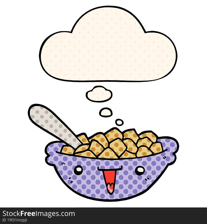 cute cartoon bowl of cereal and thought bubble in comic book style