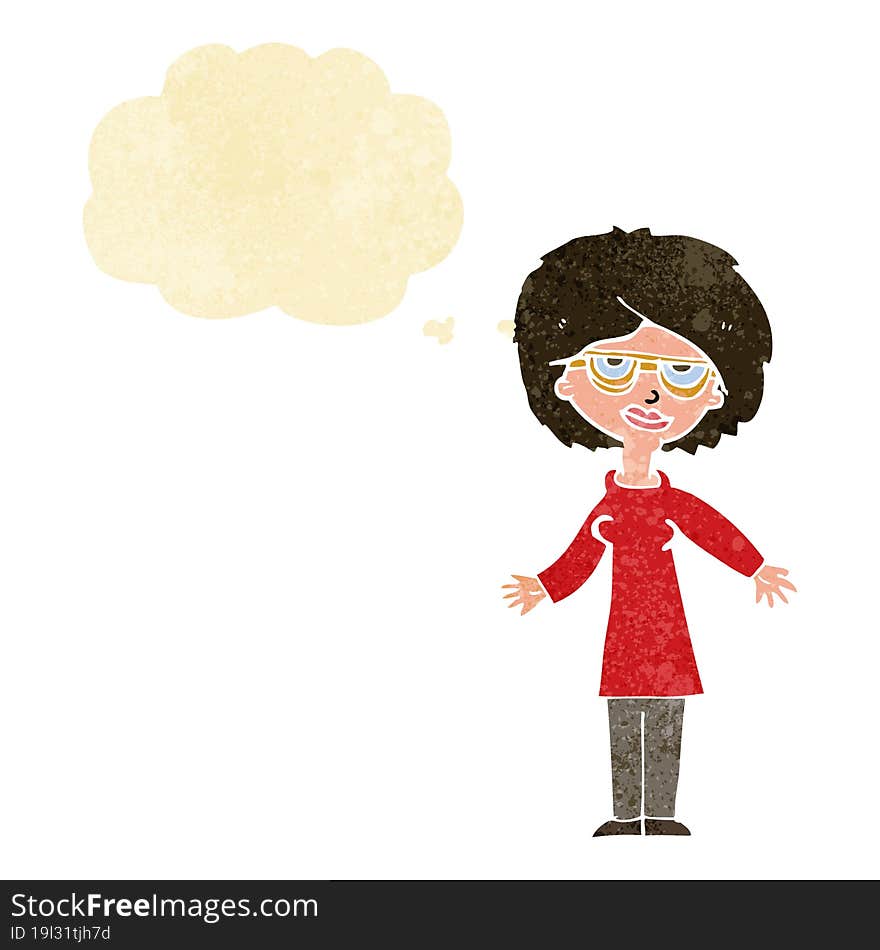 cartoon woman wearing glasses with thought bubble