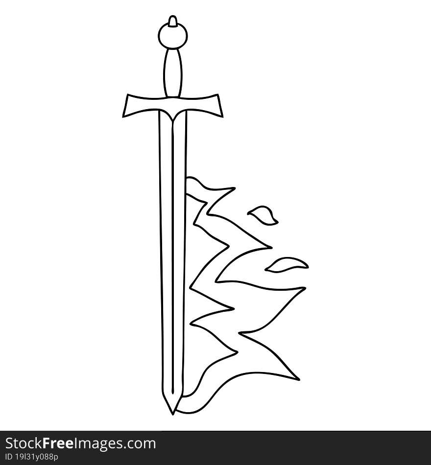 quirky line drawing cartoon flaming sword