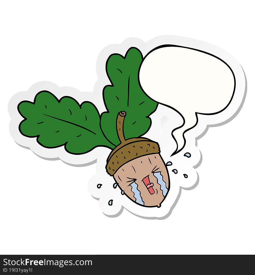 cartoon crying acorn and speech bubble sticker