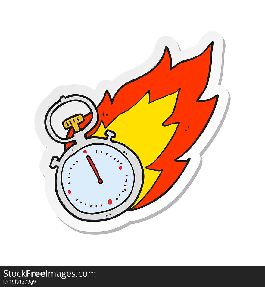 sticker of a cartoon flaming stop watch