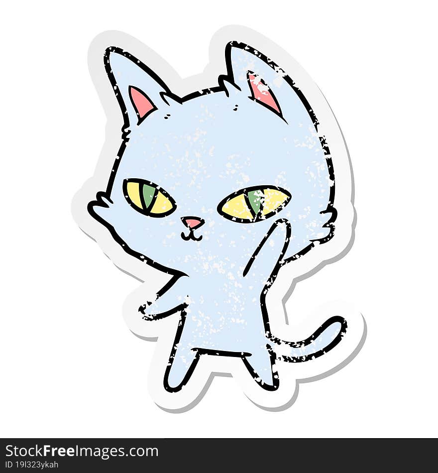 distressed sticker of a cartoon cat waving