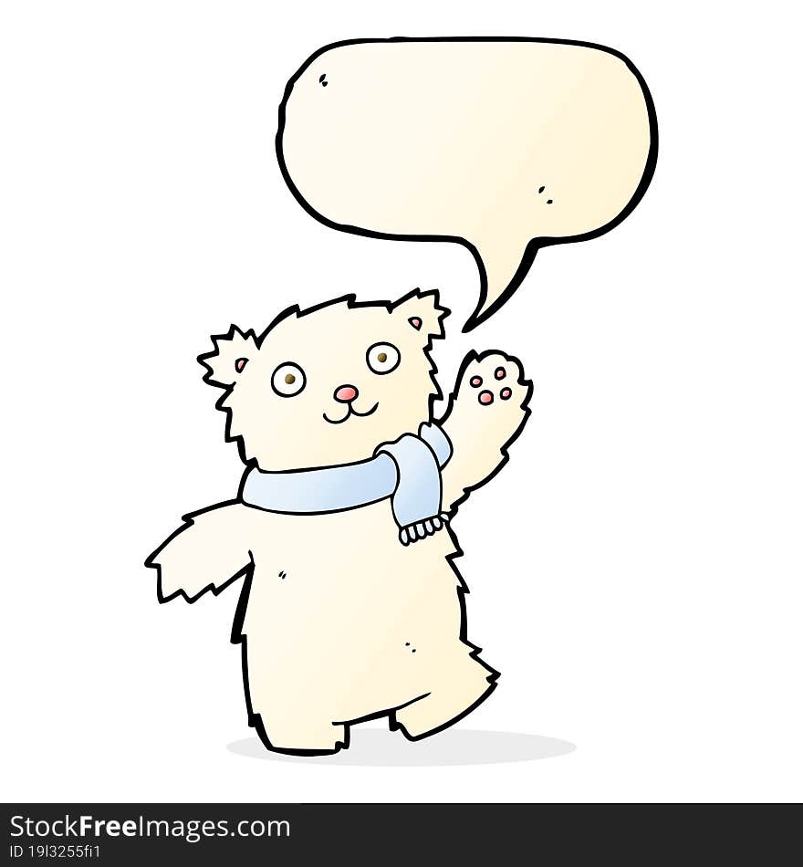 cartoon teddy bear wearing scarf with speech bubble