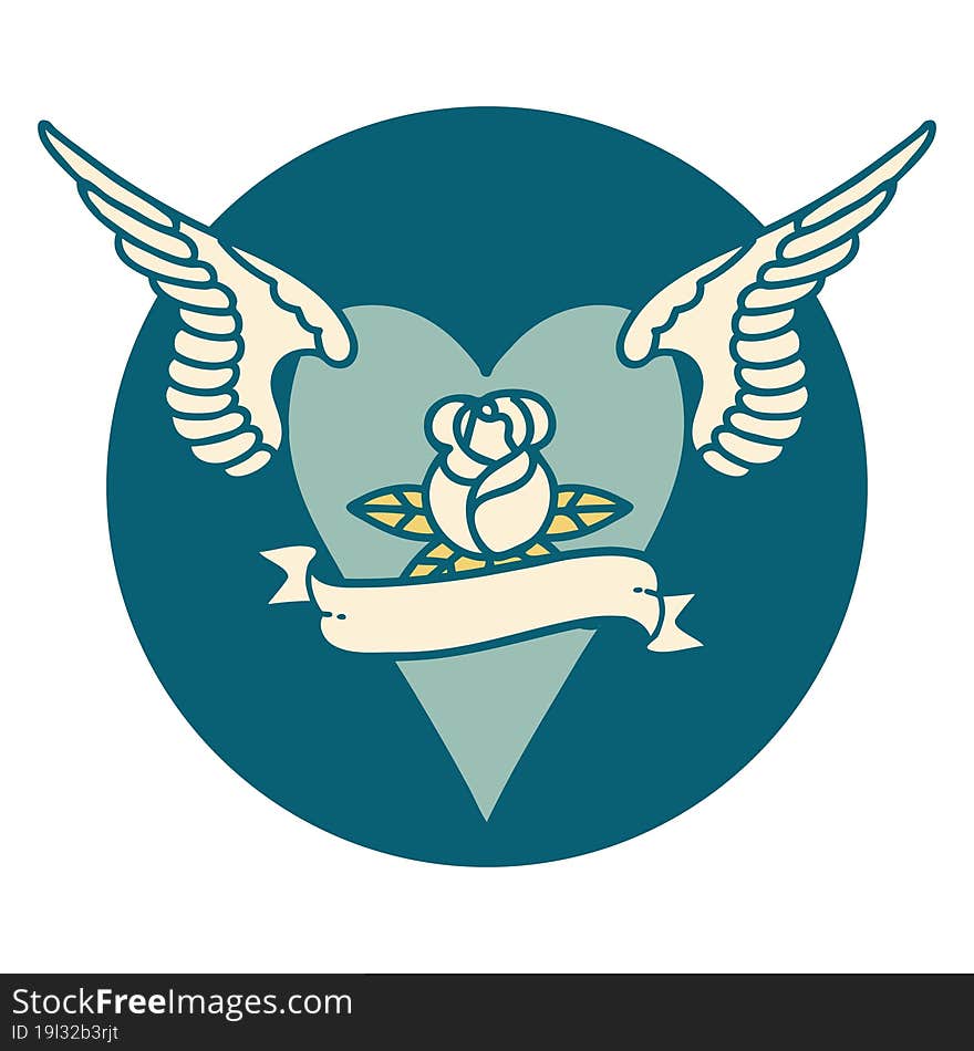 Tattoo Style Icon Of A Flying Heart With Flowers And Banner