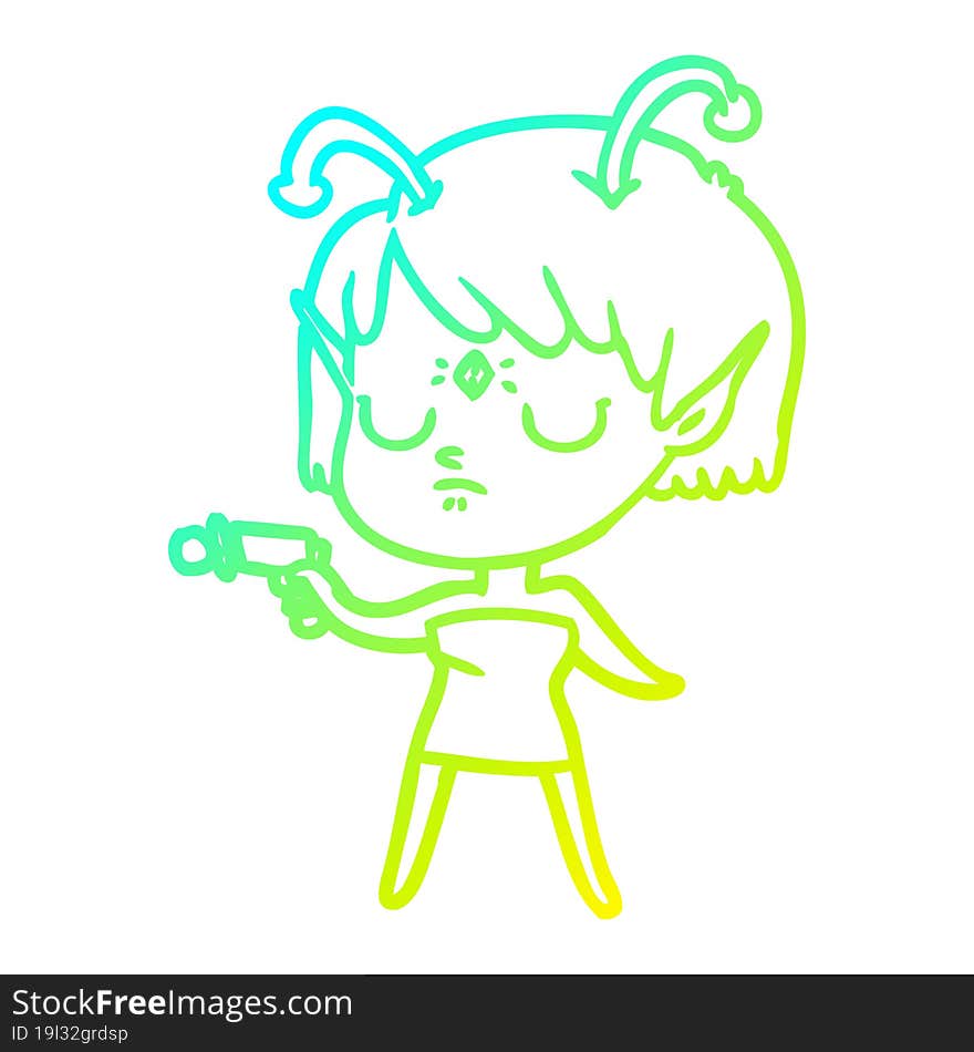 cold gradient line drawing of a cartoon alien girl