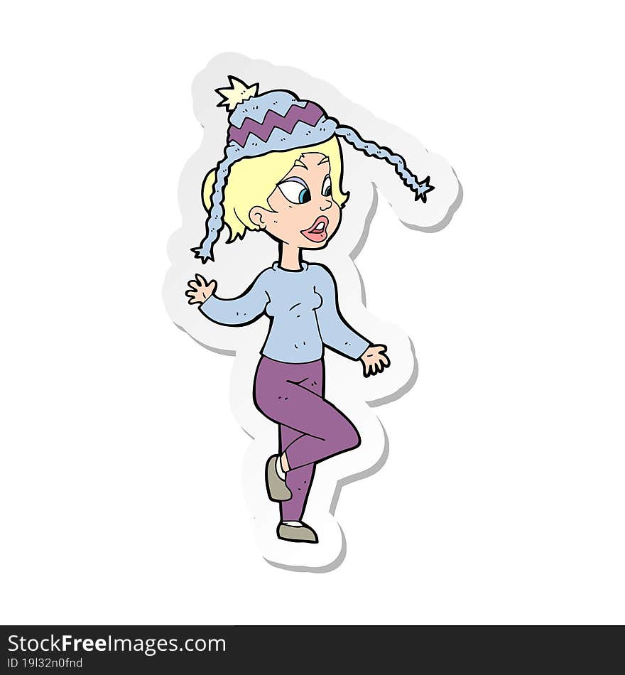 Sticker Of A Cartoon Woman In Knitted Hat