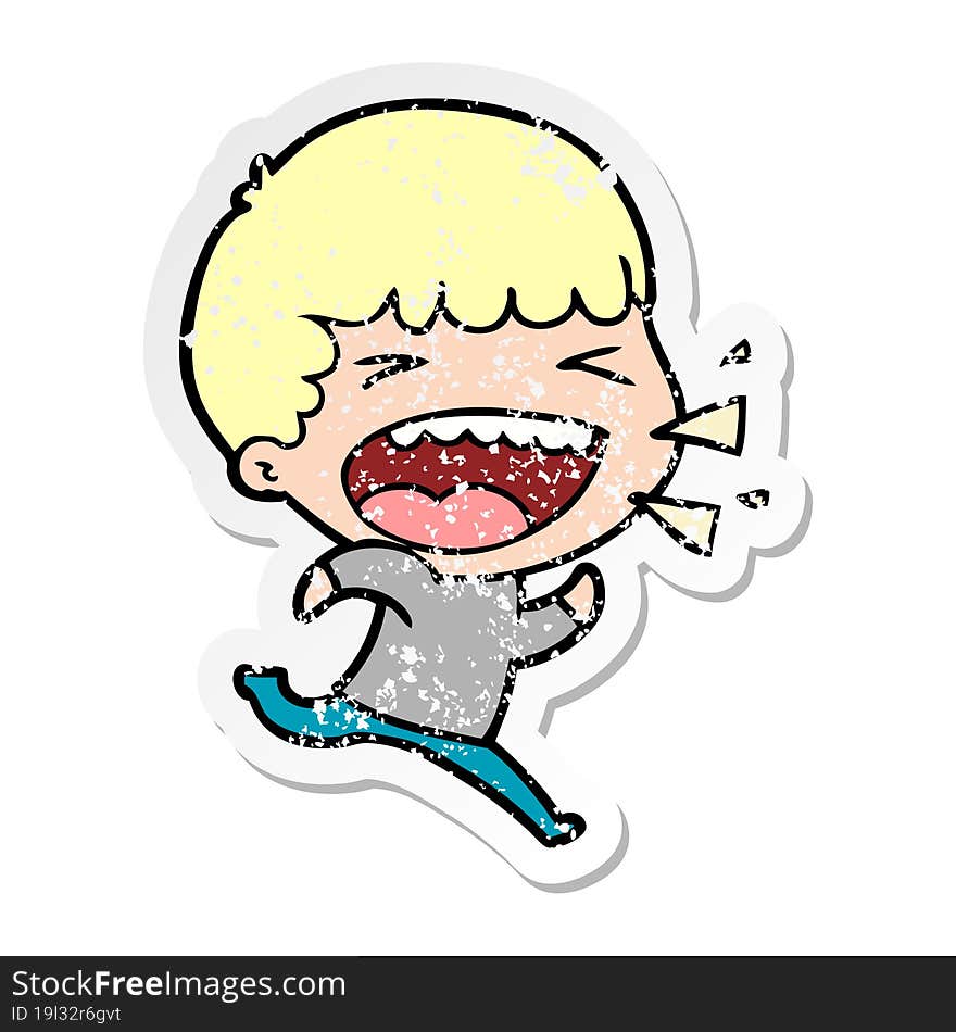 distressed sticker of a cartoon laughing man