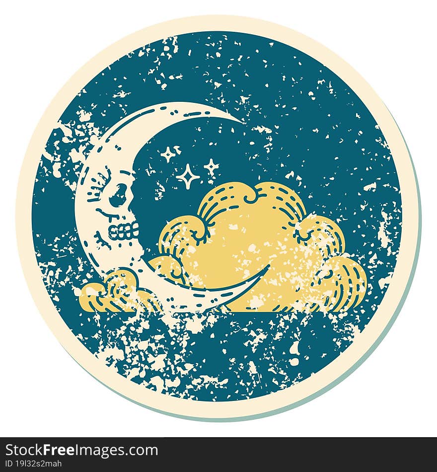 distressed sticker tattoo style icon of a skull crescent moon and clouds