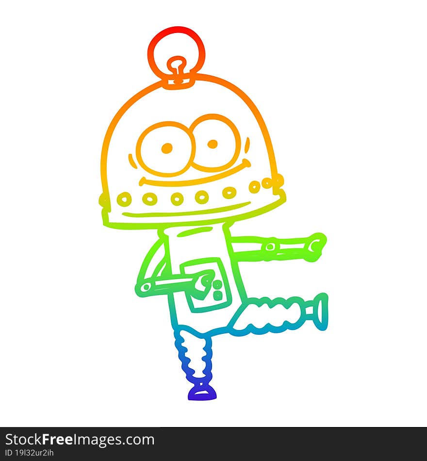 rainbow gradient line drawing of a happy carton robot with light bulb