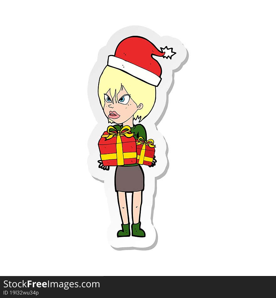 sticker of a cartoon woman with present