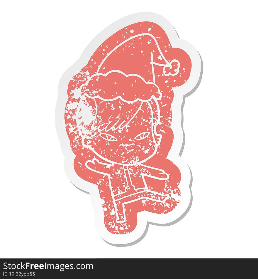 cute cartoon distressed sticker of a girl with hipster haircut wearing santa hat