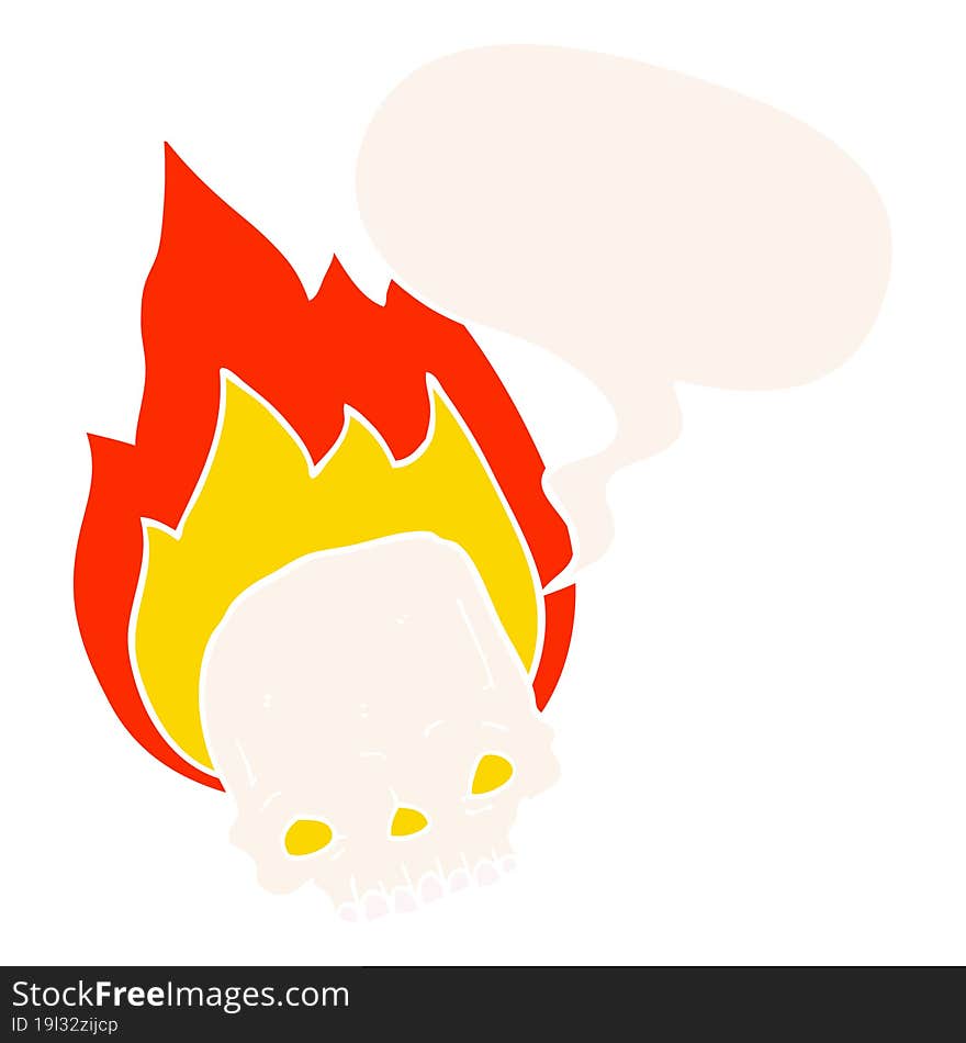 spooky cartoon flaming skull and speech bubble in retro style