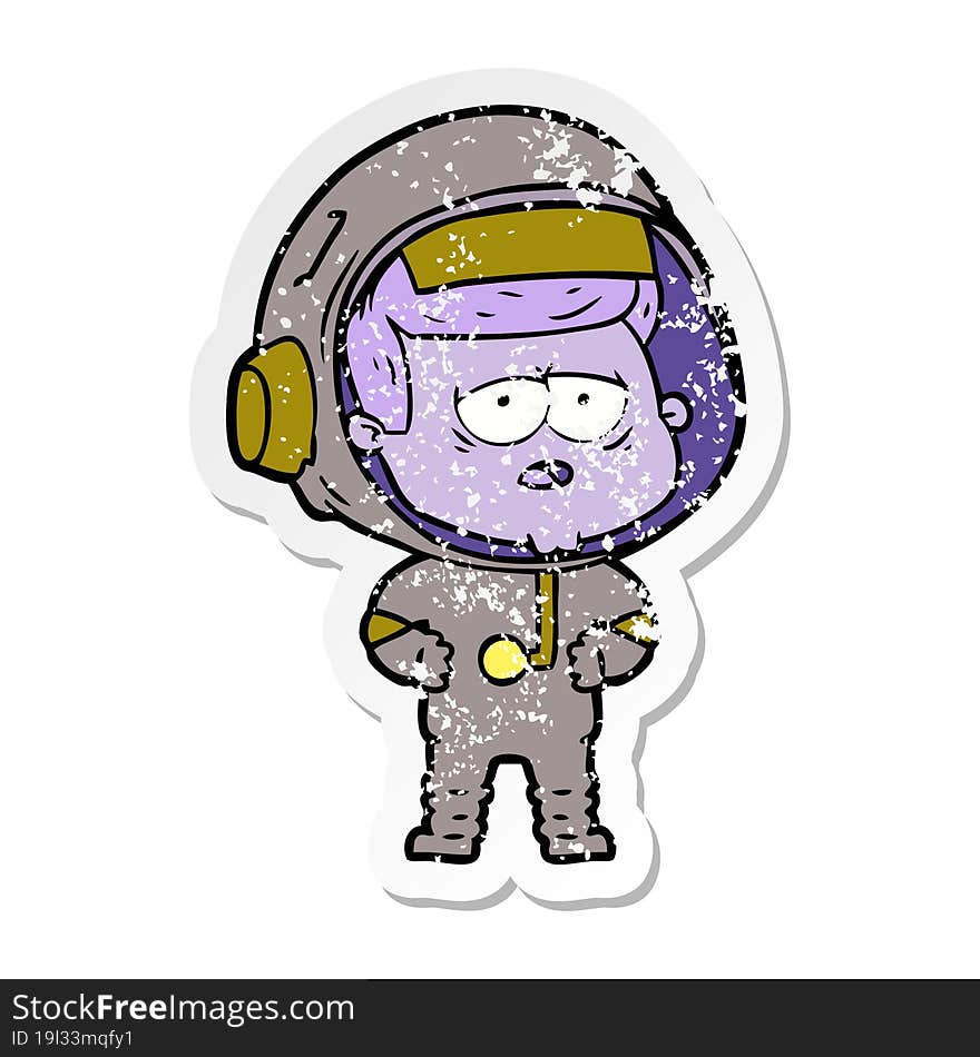 distressed sticker of a cartoon tired astronaut