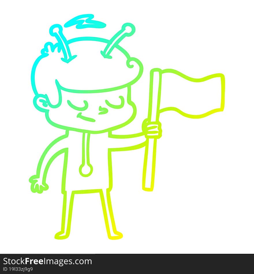 Cold Gradient Line Drawing Friendly Cartoon Spaceman With White Flag