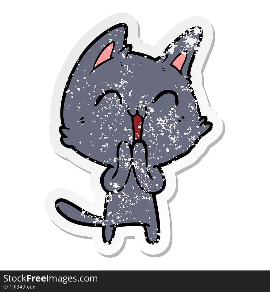 distressed sticker of a happy cartoon cat