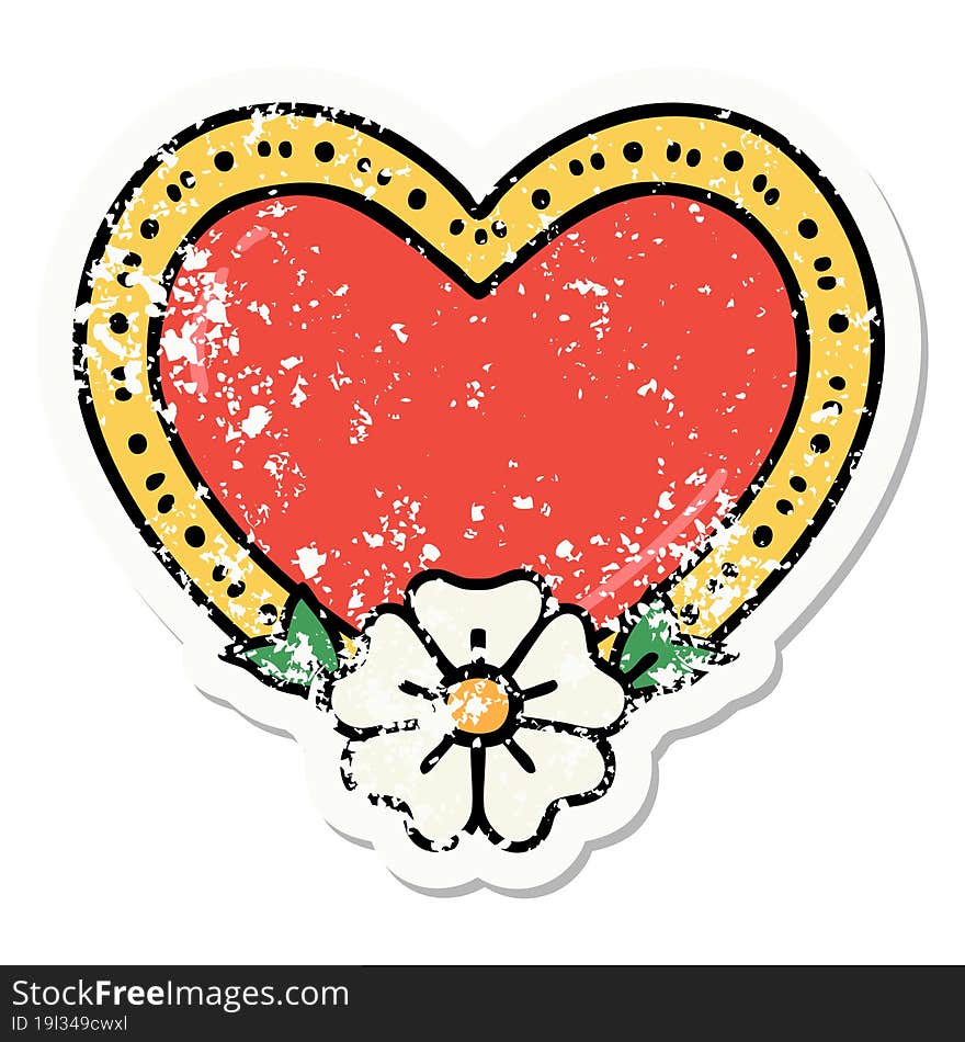 traditional distressed sticker tattoo of a heart and flower