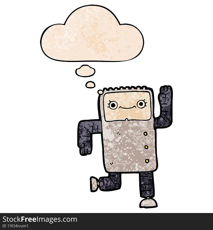 cartoon robot and thought bubble in grunge texture pattern style