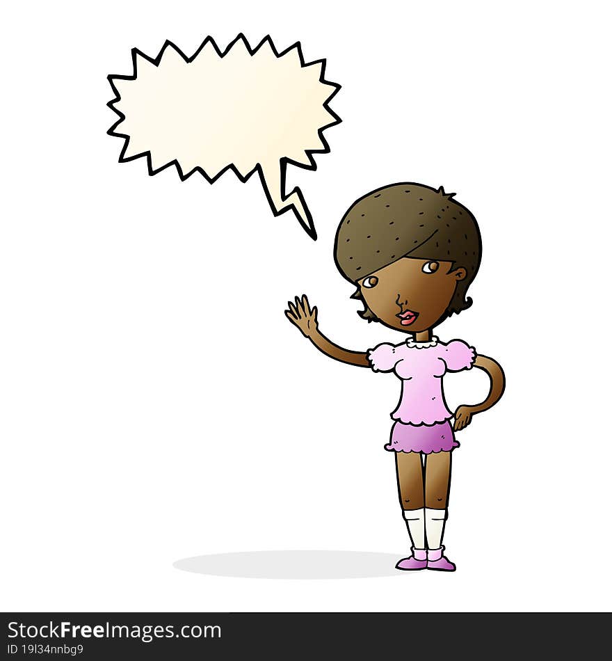 cartoon girl waving with speech bubble