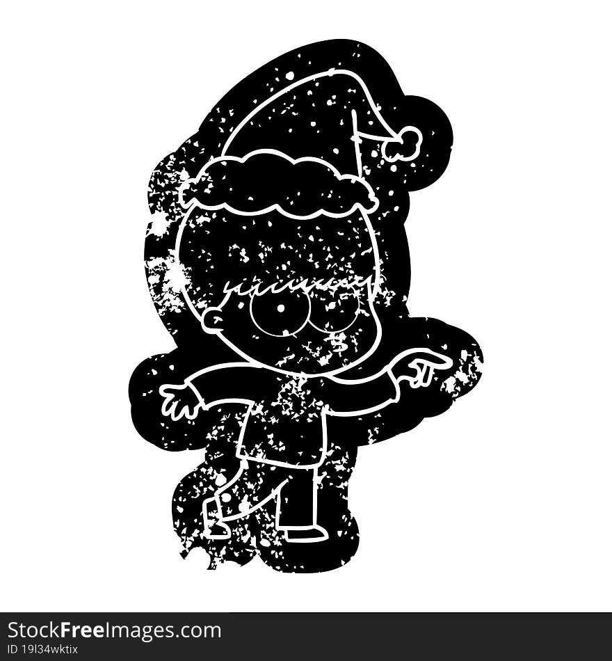 nervous cartoon distressed icon of a boy wearing santa hat