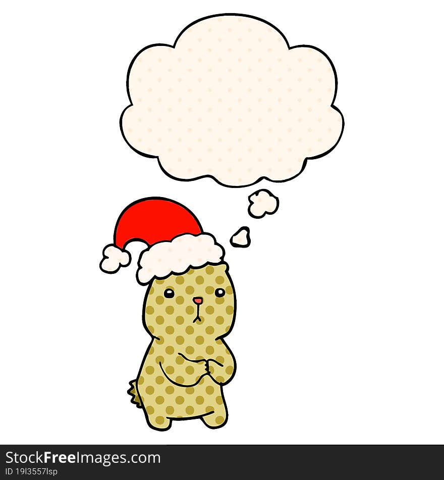 Cartoon Christmas Bear Worrying And Thought Bubble In Comic Book Style