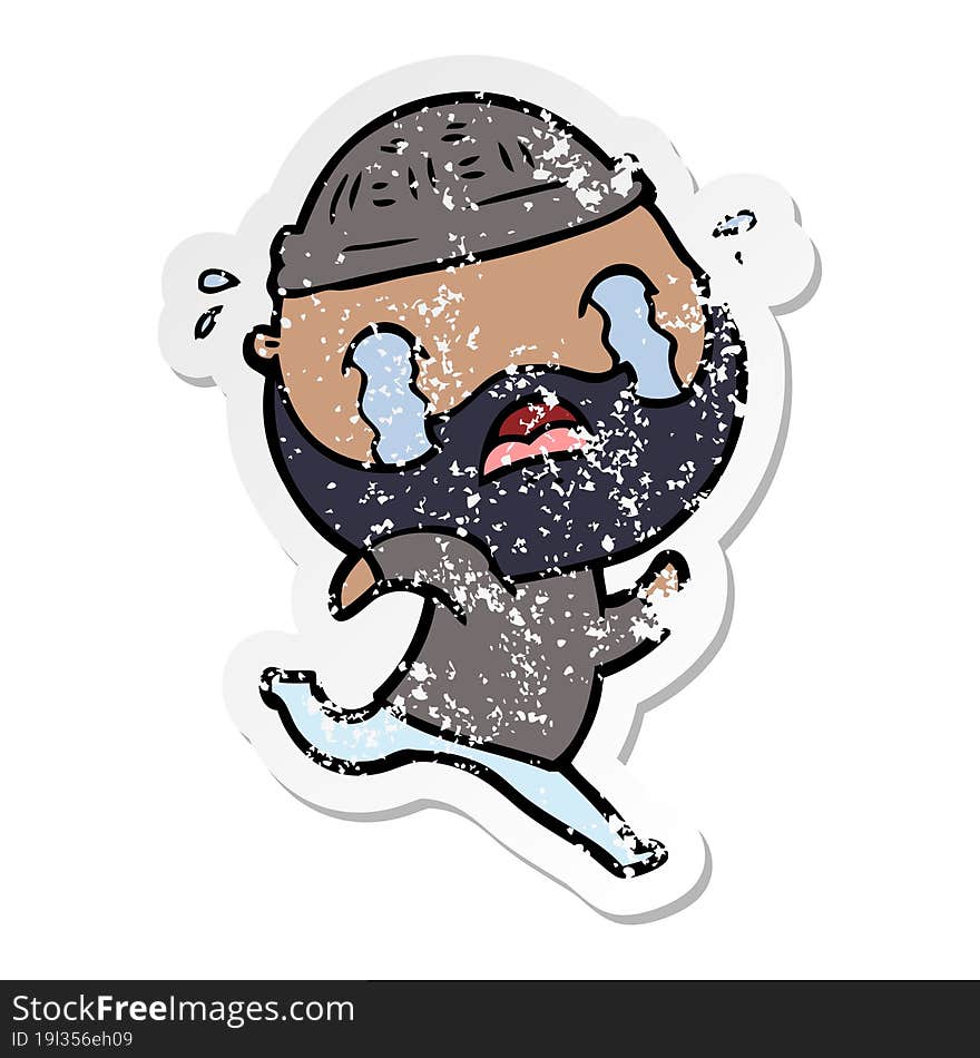 distressed sticker of a cartoon bearded man crying