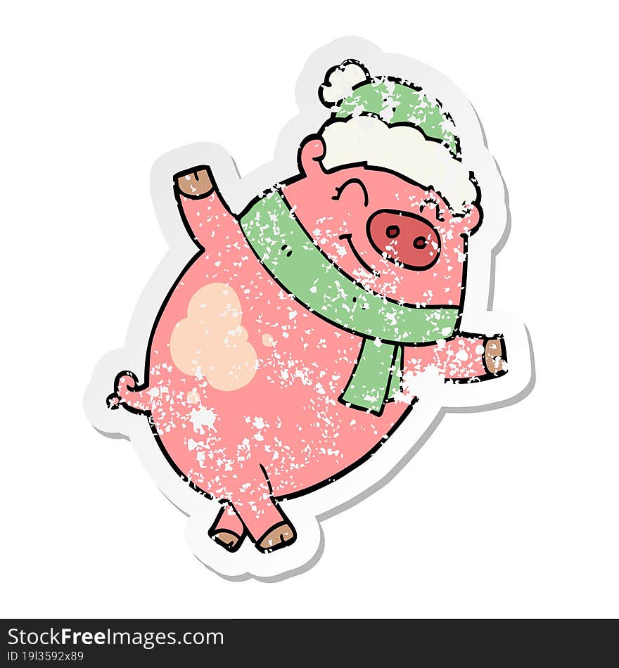 Distressed Sticker Of A Cartoon Pig Wearing Christmas Hat