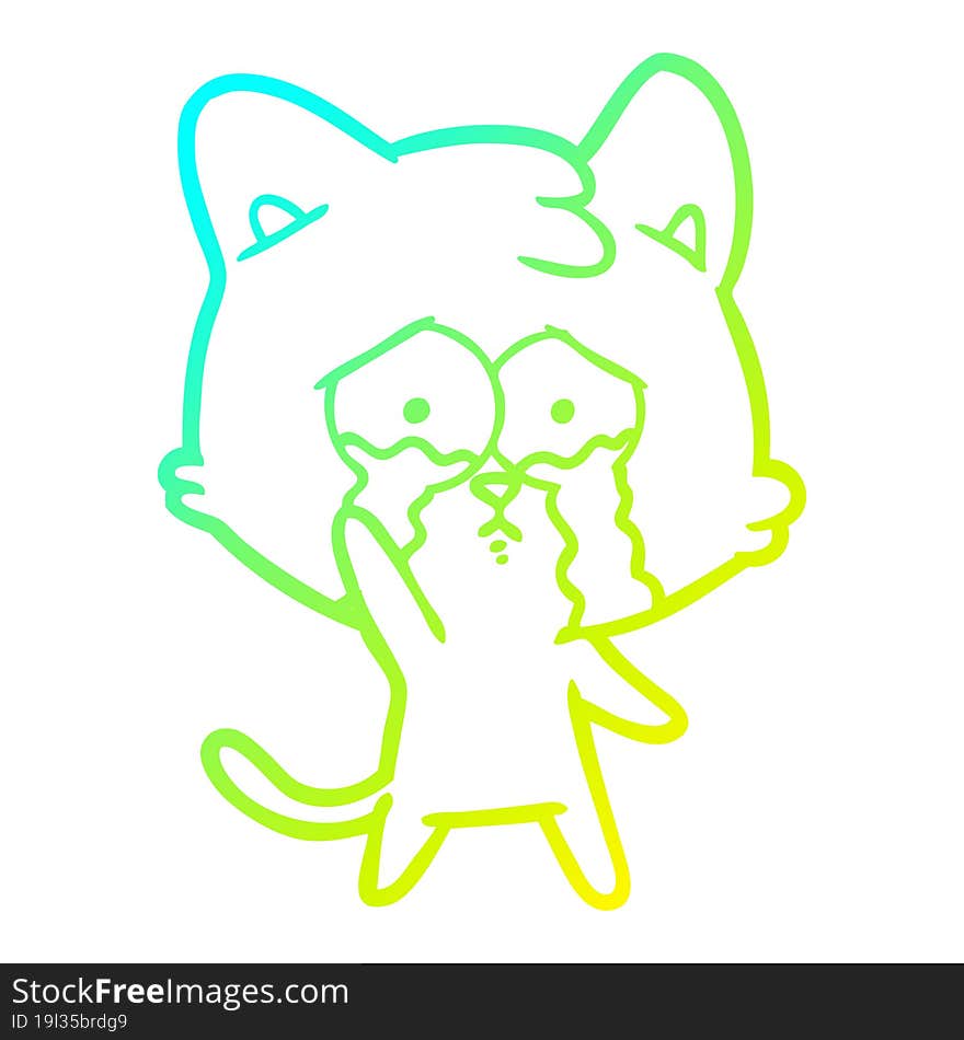 cold gradient line drawing of a cartoon crying cat